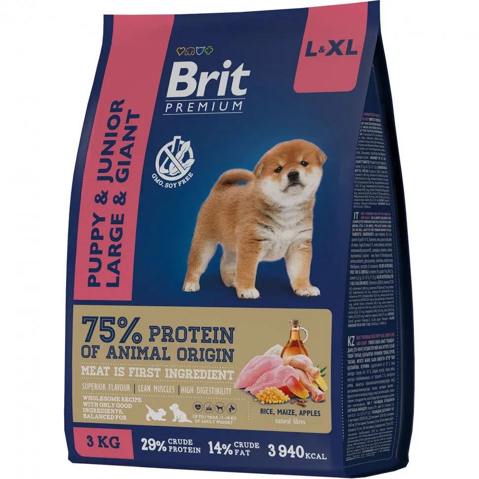 Brit premium dog puppy and junior large and giant сухой корм для щенков и молодых собак крупных и гигантских пород с курицей - 3 кг в интернет-зоомагазине Pets Room