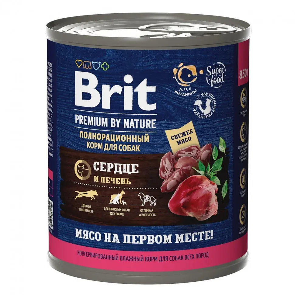 Brit premium by nature, консервы с сердцем и печенью для взрослых собак всех пород, 850г в интернет-зоомагазине Pets Room
