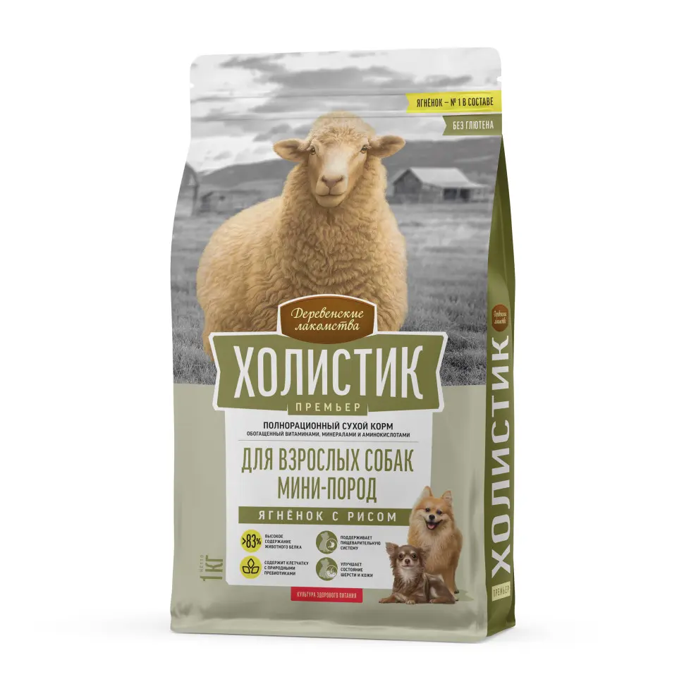Деревенские лакомства холистик премьер сухой корм для взрослых собак мелких пород с ягненком и рисом - 1 кг в интернет-зоомагазине Pets Room