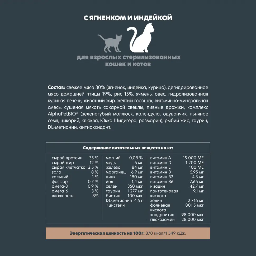 Alphapet superpremium сухой полнорационный корм для взрослых стерилизованных кошек и котов с ягненком и индейкой - 400 г в интернет-зоомагазине Pets Room