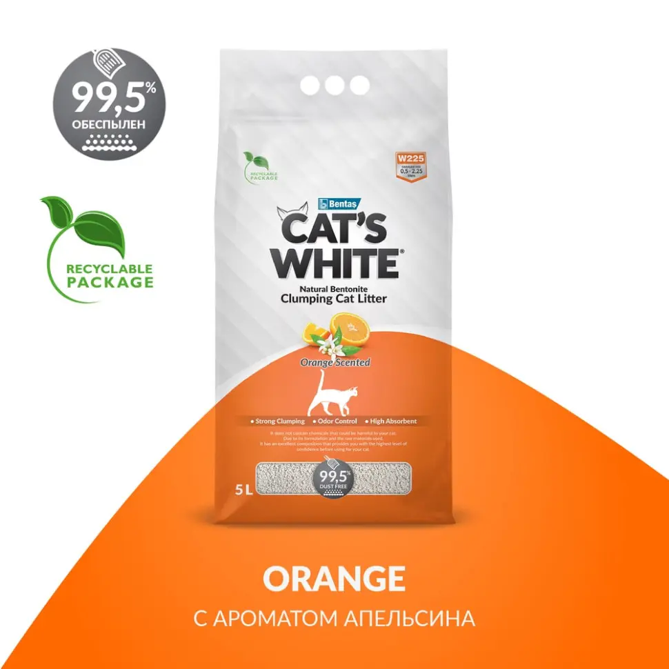 Cat's white orange наполнитель комкующийся для кошачьего туалета с ароматом апельсина - 5 л в интернет-зоомагазине Pets Room