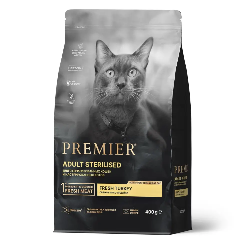 Premier cat turkey sterilised сухой корм для взрослых стерилизованных кошек, свежее мясо индейки - 400 г в интернет-зоомагазине Pets Room
