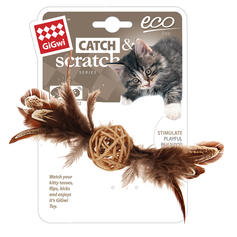 75438 Игрушка для кошек плетеный мячик с колокольчиком и перьями 13см, серия catch & scratch eco в интернет-зоомагазине Pets Room