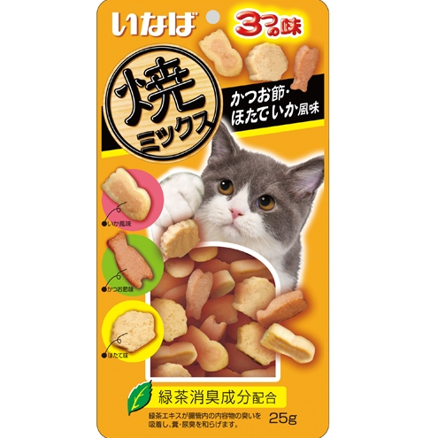 Qsc-121 inaba yaki miksu запеченное лакомство для кошек cо вкусом кацуобуси, морскогогребешка и кальмара 25г в интернет-зоомагазине Pets Room