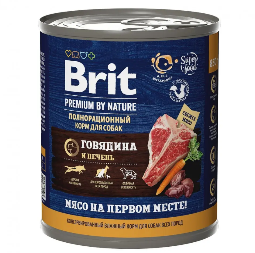 Brit premium by nature, консервы с говядиной и печенью для взрослых собак всех пород, 850г в интернет-зоомагазине Pets Room