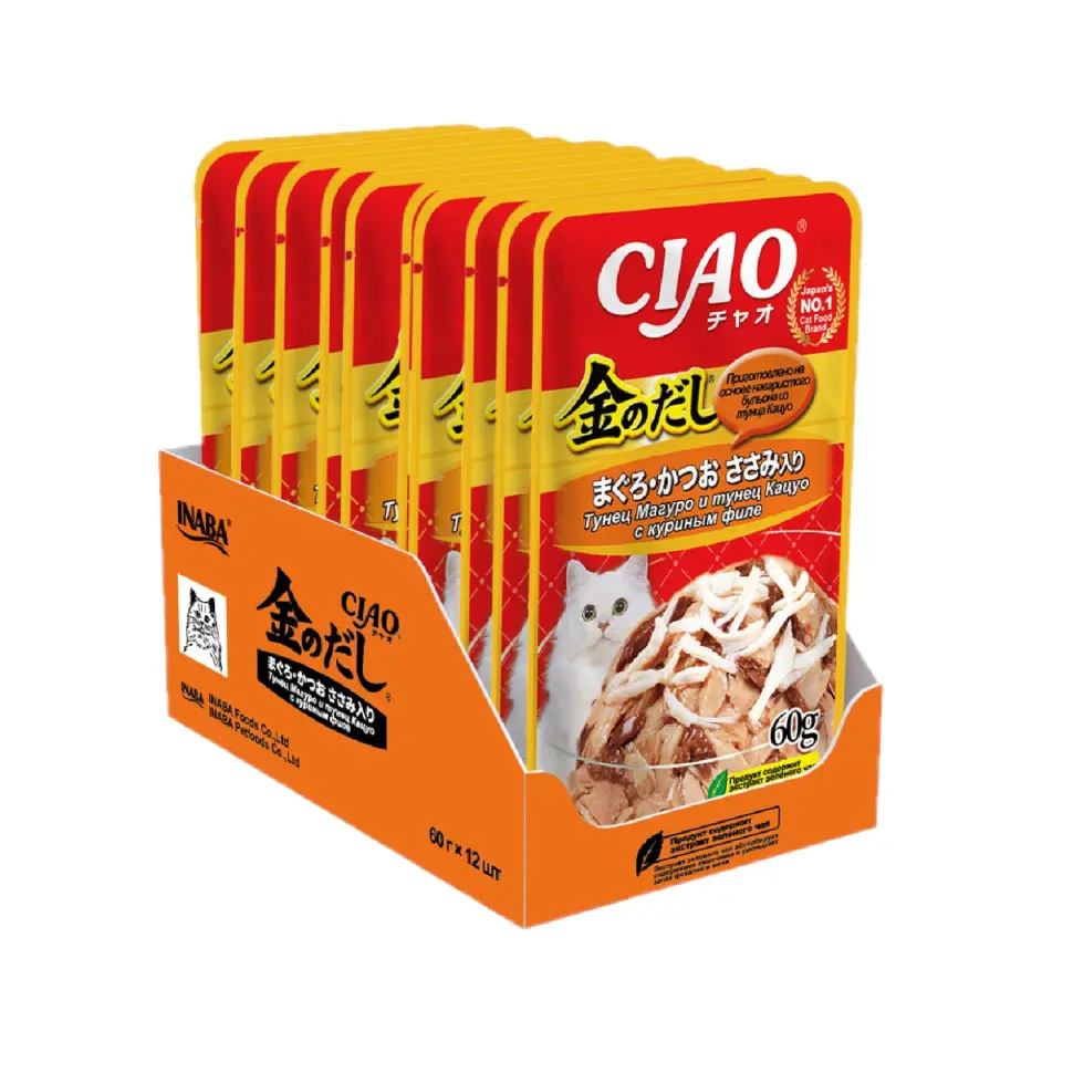 Inaba ciao kinnodashi влажный корм тунец магуро и тунец кацуо с куриным филе. дополнительный рацион для кошек 60г в интернет-зоомагазине Pets Room