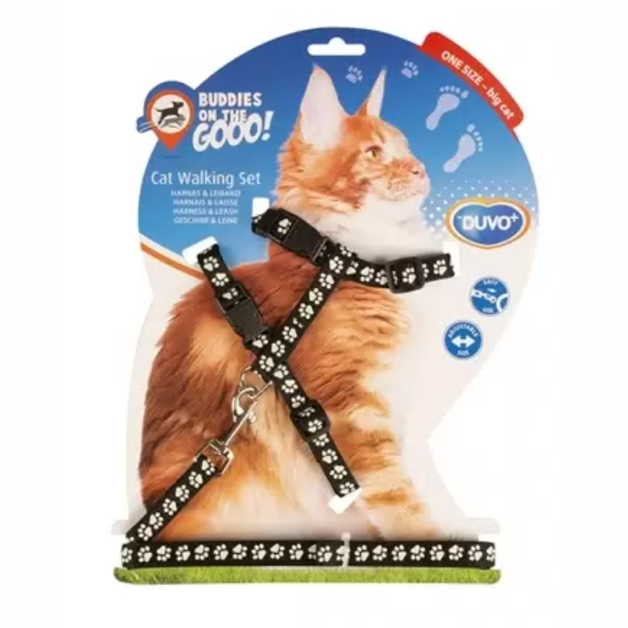 Duvo+ шлейка для крупных кошек "белые лапки", чёрная, 30-50см/125х1.2см в интернет-зоомагазине Pets Room