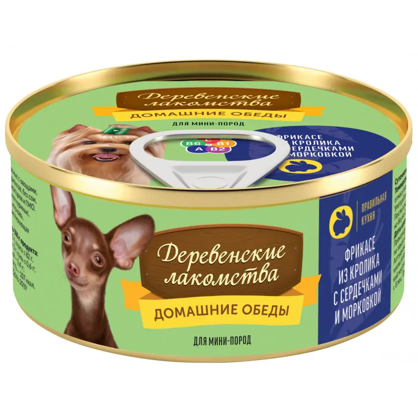 Деревенские лакомства консервы домашние обеды для мини пород фрикасе из кролика с сердечками и морковкой 100 г в интернет-зоомагазине Pets Room