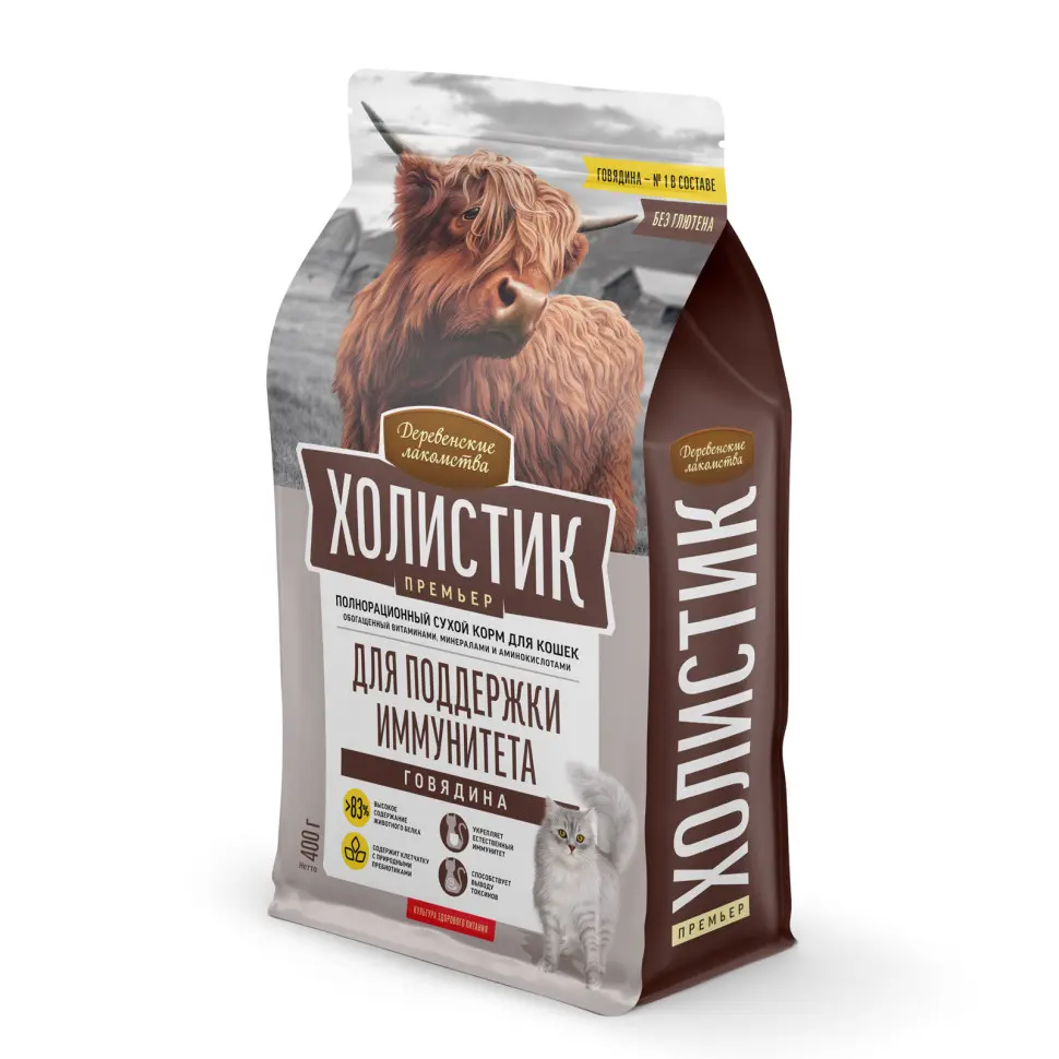 Деревенские лакомства холистик премьер сухой корм для кошек, для поддержки иммунитета, с говядиной - 400 г в интернет-зоомагазине Pets Room