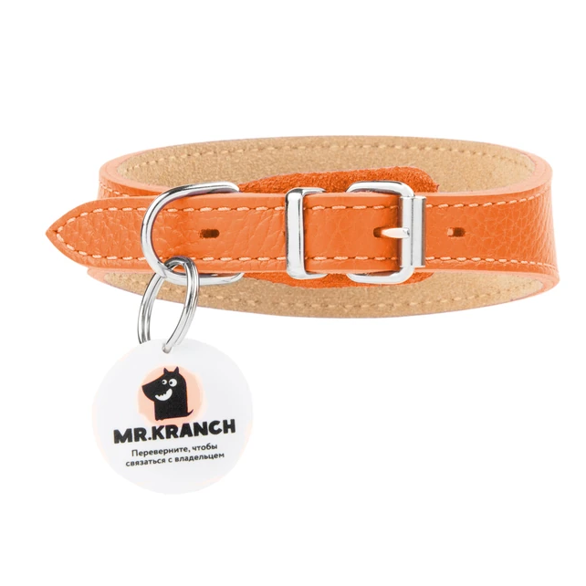 Ошейник-селедка mr.kranch для собак из натуральной кожи с qr-адресником, 29-35см, оранжевый (34002) фото Ошейник-селедка mr.kranch для собак из натуральной кожи с qr-адресником, 29-35см, оранжевый (34002) в интернет-зоомагазине Pets Room