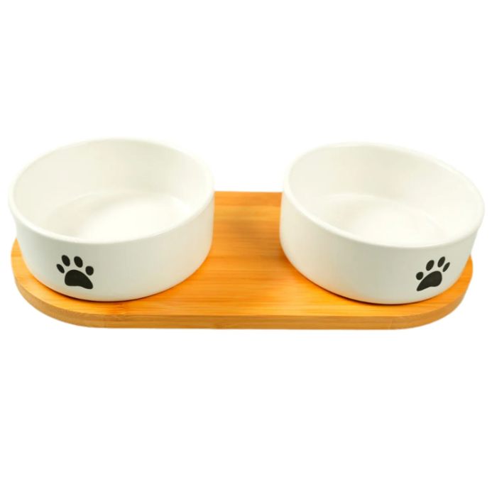 Миска mr.kranch bamboo керамическая белая двойная на бамбуковой подставке 2х350 мл (34004) в интернет-зоомагазине Pets Room