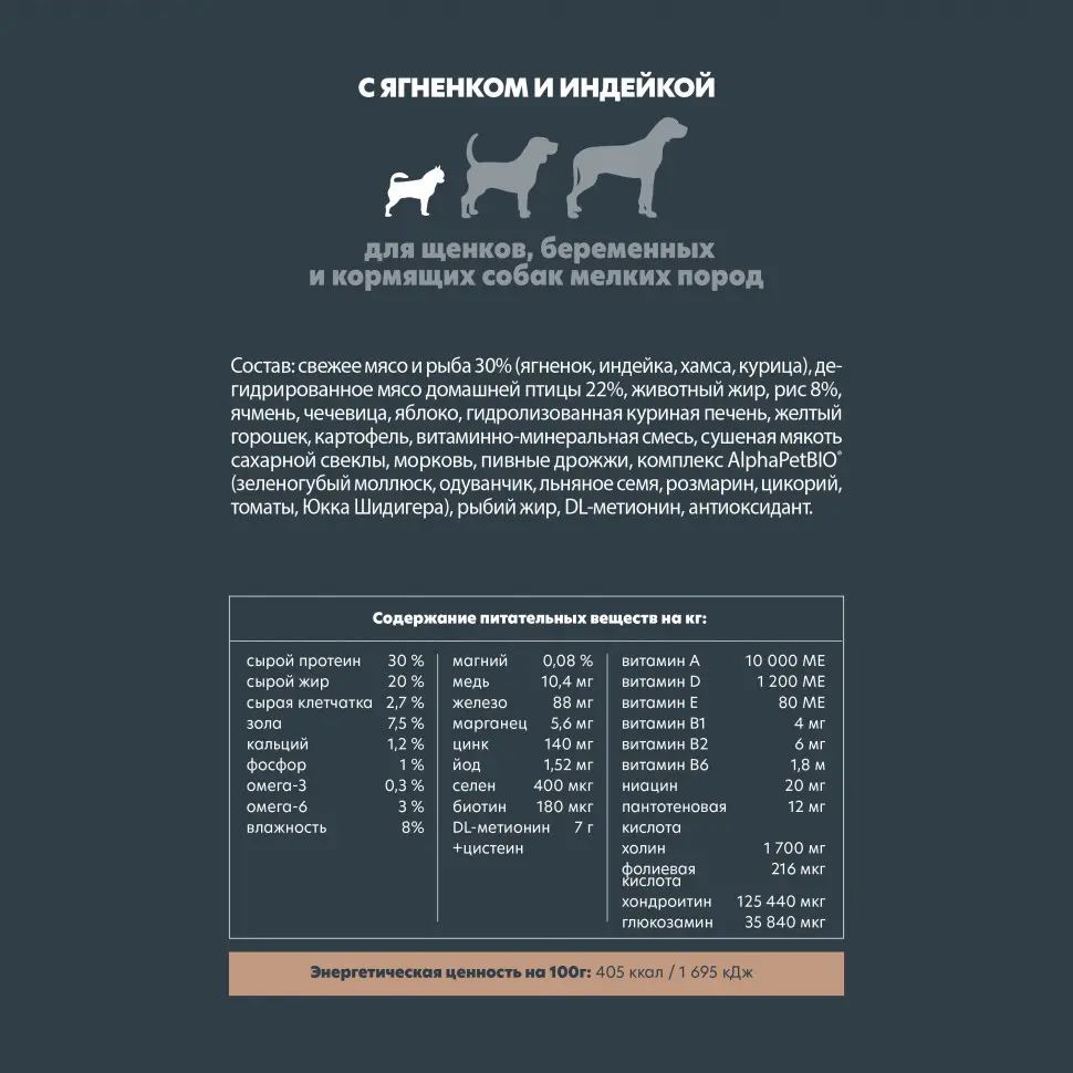 Alphapet superpremium сухой полнорационный корм для щенков, беременных и кормящих собак мелких пород с ягненком и индейкой - 500 г в интернет-зоомагазине Pets Room