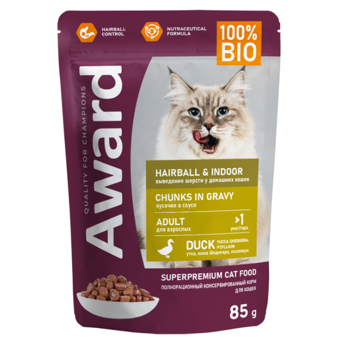 Влажный корм award hairball & indoor для выведения шерсти у взрослых домашних кошек кусочки в соусе с уткой 85г в интернет-зоомагазине Pets Room