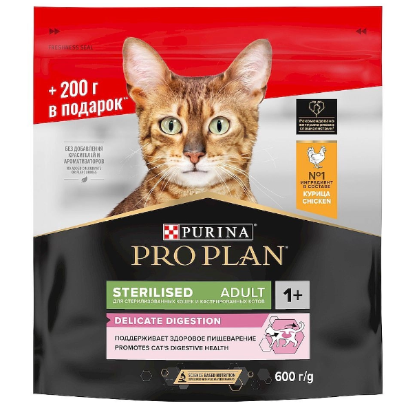 Pro plan 400 г + 200 г сухой корм для взрослых стерилизованных кошек и кастрированных котов старше 1 года, с высоким содержанием курицы в интернет-зоомагазине Pets Room