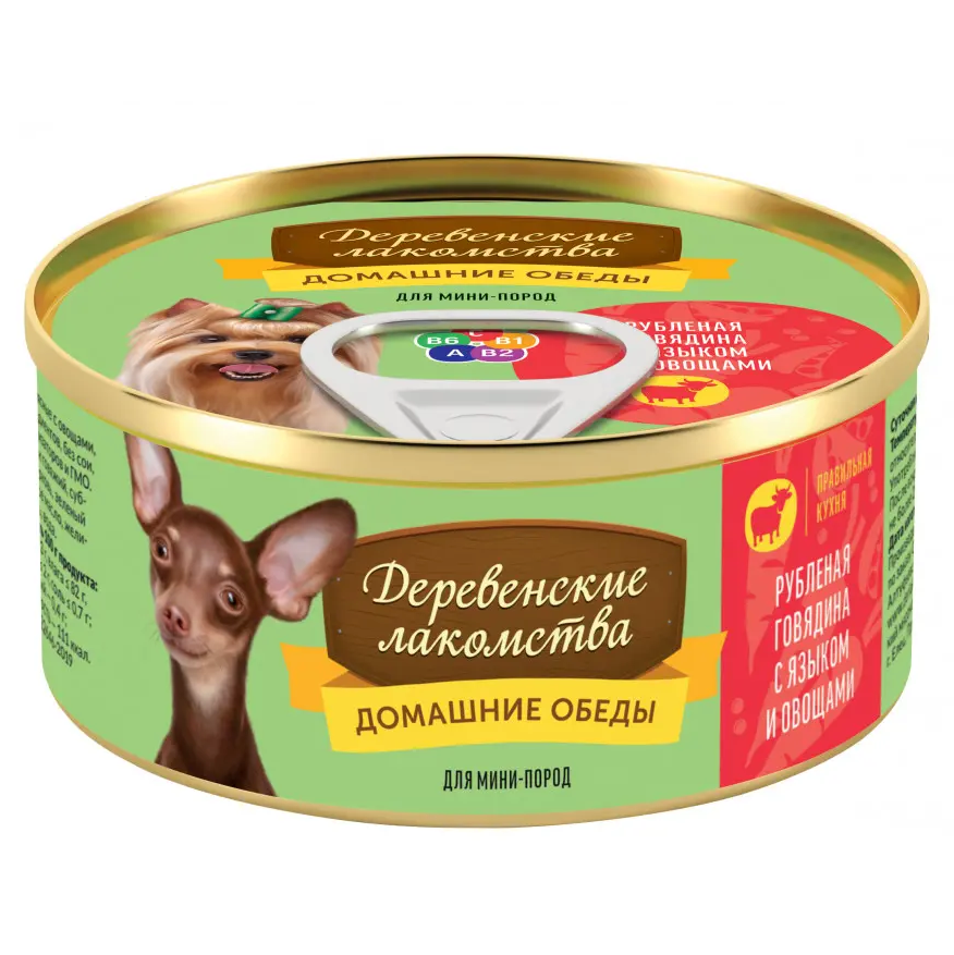 Деревенские лакомства консервы домашние обеды для мини пород рубленая говядина с языком и овощами 100 г в интернет-зоомагазине Pets Room