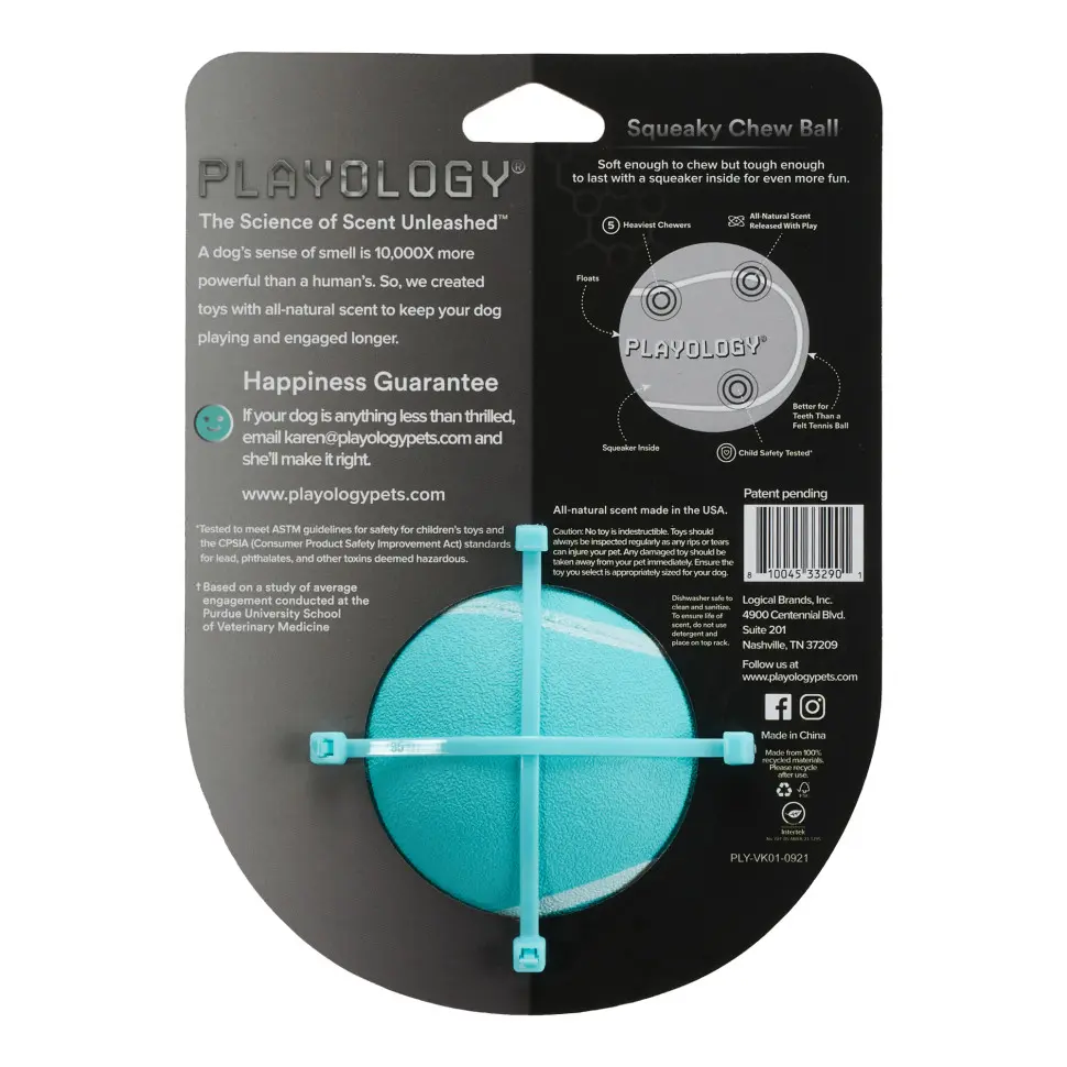 Playology squeaky chew ball хрустящий жевательный мяч для собак с пищалкой и с ароматом арахиса, 8 см, голубой в интернет-зоомагазине Pets Room