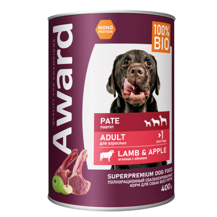 Влажный корм award для взрослых собак паштет из ягненка с яблоком 400г (35001) в интернет-зоомагазине Pets Room