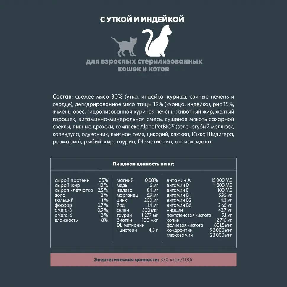 Alphapet superpremium сухой полнорационный корм для взрослых стерилизованных кошек и котов с уткой и индейкой - 1,5 кг в интернет-зоомагазине Pets Room
