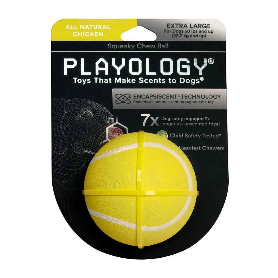 Playology squeaky chew ball хрустящий жевательный мяч для собак с пищалкой и с ароматом курицы, 8 см, желтый в интернет-зоомагазине Pets Room