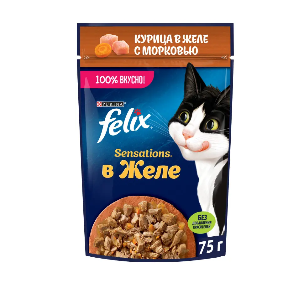 Felix sensations влажный корм для кошек, с курицей в желе с морковью пауч 75 г в интернет-зоомагазине Pets Room