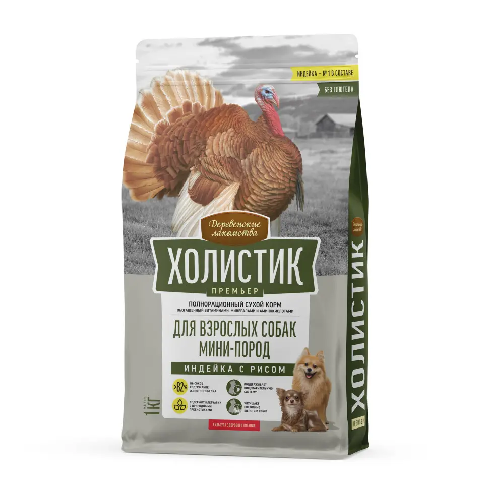 Деревенские лакомства холистик премьер сухой корм для взрослых собак мелких пород с индейкой и рисом - 1 кг в интернет-зоомагазине Pets Room