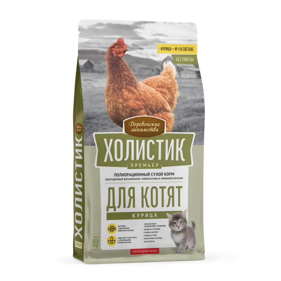 Деревенские лакомства холистик премьер сухой корм для котят с курицей - 400 г в интернет-зоомагазине Pets Room