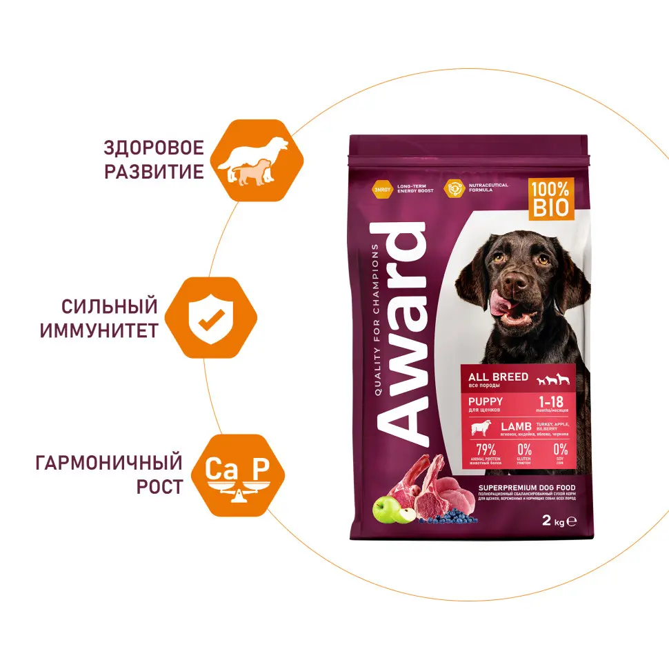 Award сухой корм для щенков всех пород от 1 месяца, беременных и кормящих сук, с ягненком, индейкой, яблоком и черникой - 2 кг в интернет-зоомагазине Pets Room
