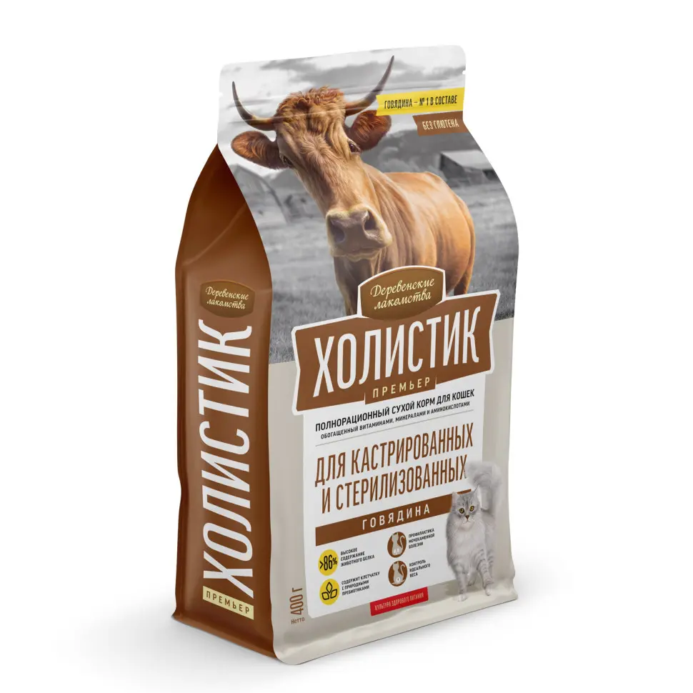 Деревенские лакомства холистик премьер сухой корм для стерилизованных кошек с говядиной - 400 г в интернет-зоомагазине Pets Room