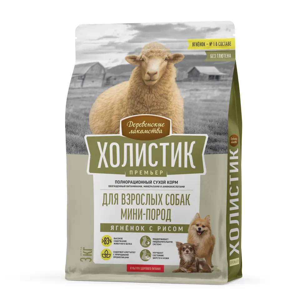 Деревенские лакомства холистик премьер сухой корм для взрослых собак мелких пород с ягненком и рисом - 3 кг в интернет-зоомагазине Pets Room