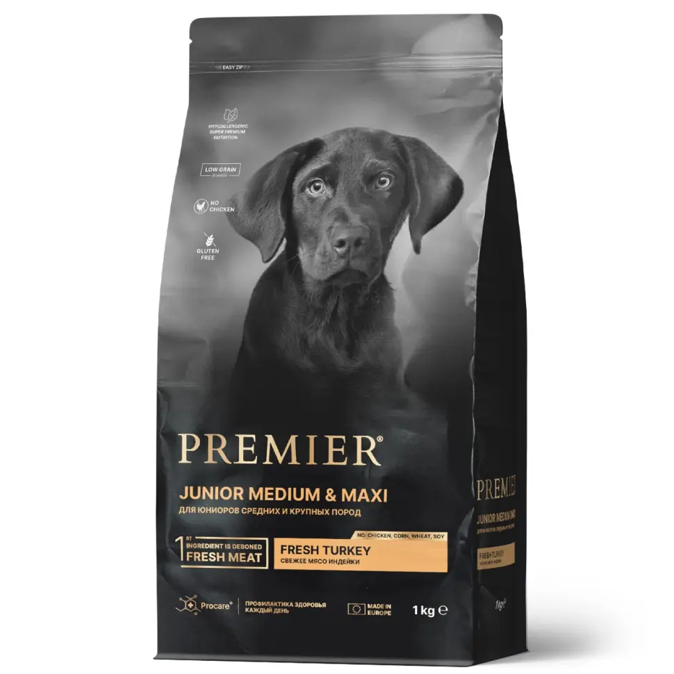 Premier dog turkey junior medium & maxi сухой корм для юниоров средних и крупных пород, свежее мясо индейки - 1 кг в интернет-зоомагазине Pets Room