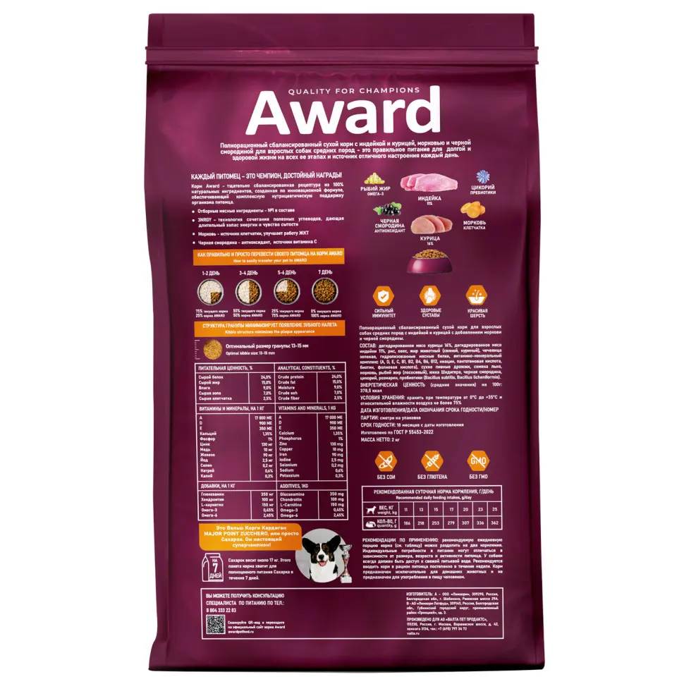 Award сухой корм для взрослых собак средних пород, с индейкой, курицей, морковью и черной смородиной - 2 кг в интернет-зоомагазине Pets Room