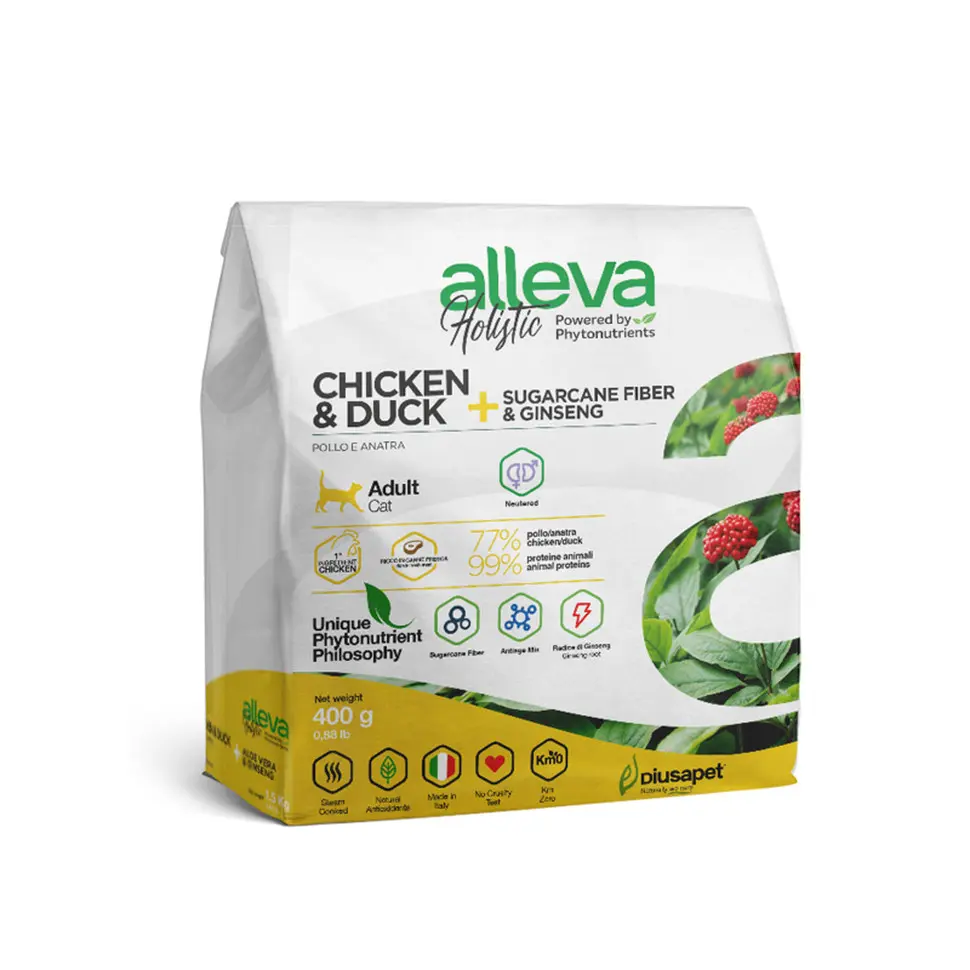 Alleva holistic cat neutered сухой корм для кастрированных котов и стерилизованных кошек с курицей и уткой, волокнами сахарного тростника и женьшенем - 400 г в интернет-зоомагазине Pets Room