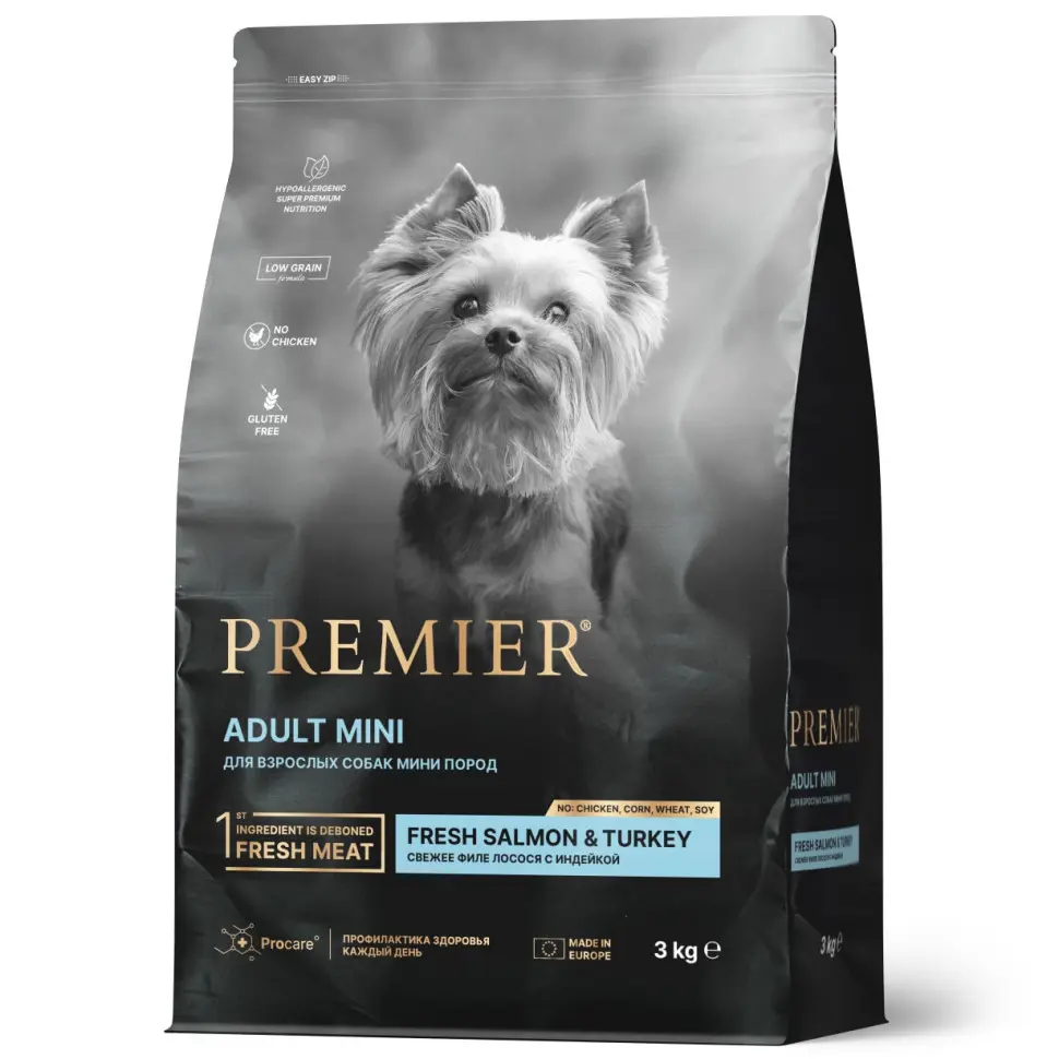 Premier dog salmon & turkey adult mini сухой корм для собак мелких пород, свежее филе лосося с индейкой - 3 кг в интернет-зоомагазине Pets Room
