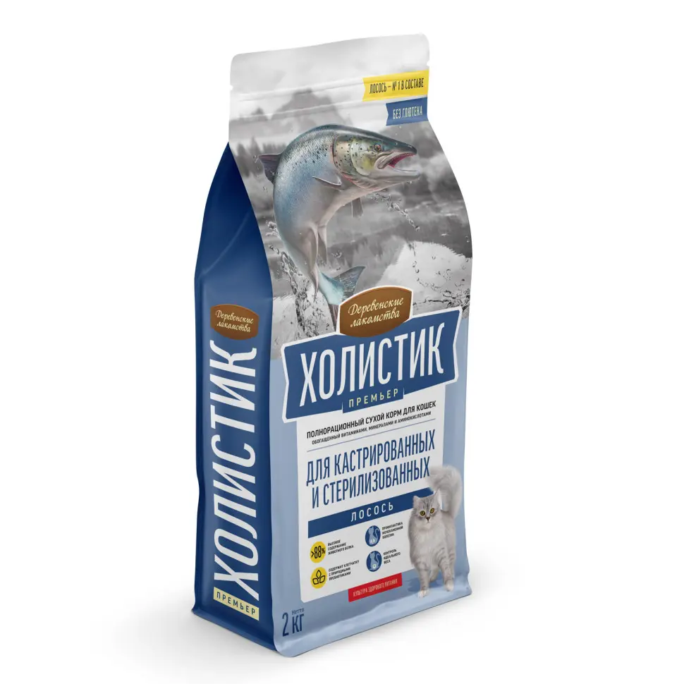 Деревенские лакомства холистик премьер сухой корм для стерилизованных кошек с лососем - 2 кг в интернет-зоомагазине Pets Room