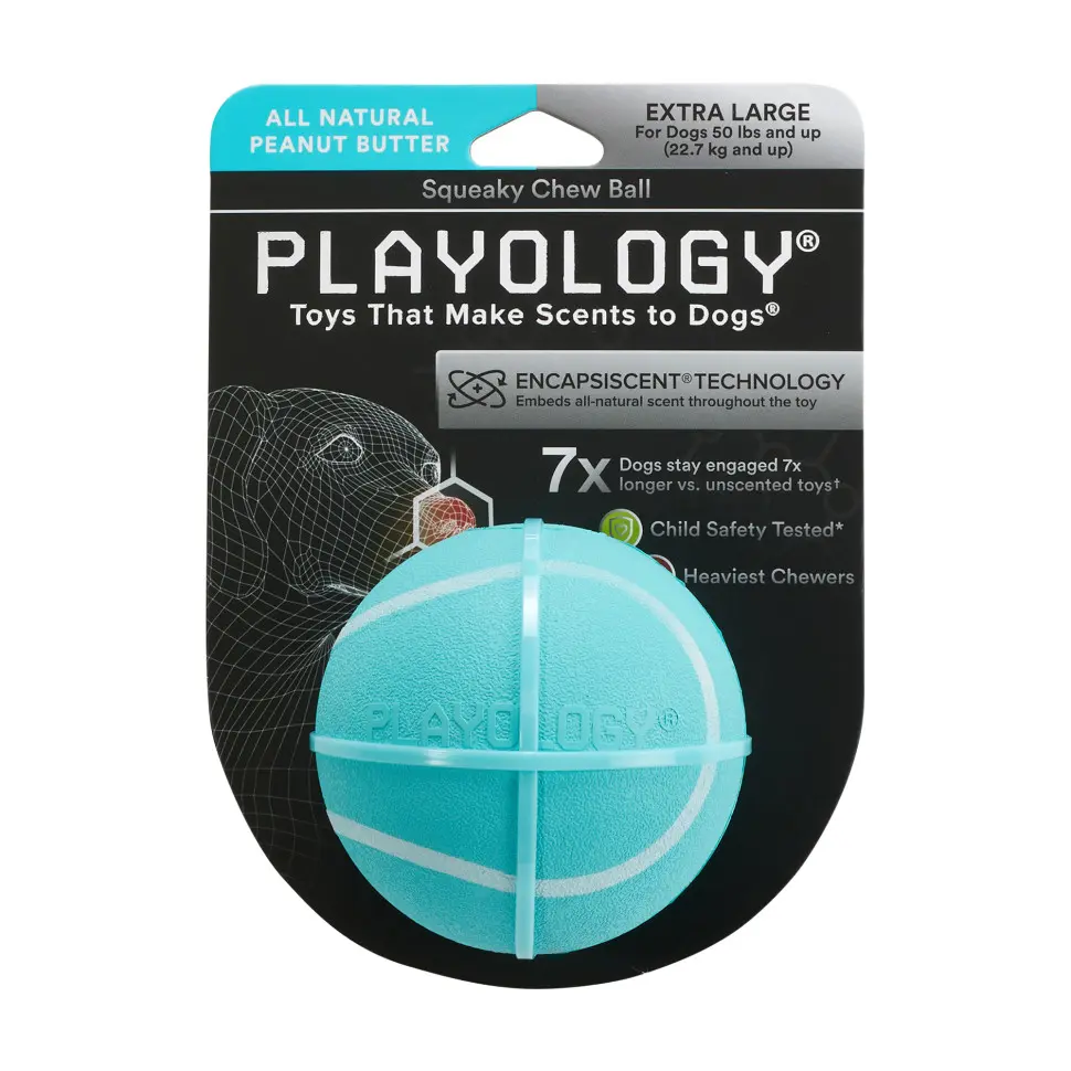 Playology squeaky chew ball хрустящий жевательный мяч для собак с пищалкой и с ароматом арахиса, 8 см, голубой в интернет-зоомагазине Pets Room