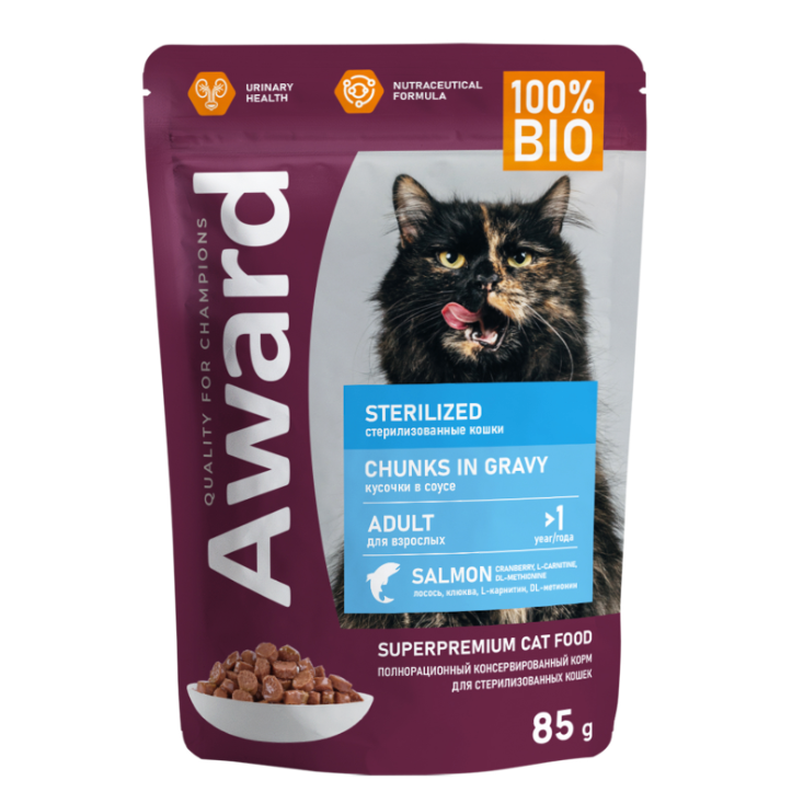 Влажный корм award sterilized для взрослых стерилизованных кошек кусочки в соусе с лососем 85г (35004) в интернет-зоомагазине Pets Room