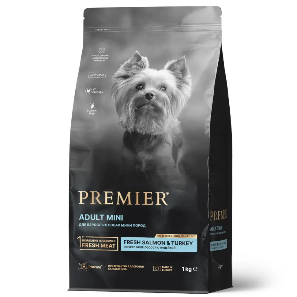 Premier dog salmon & turkey adult mini сухой корм для собак мелких пород, свежее филе лосося с индейкой - 1 кг в интернет-зоомагазине Pets Room