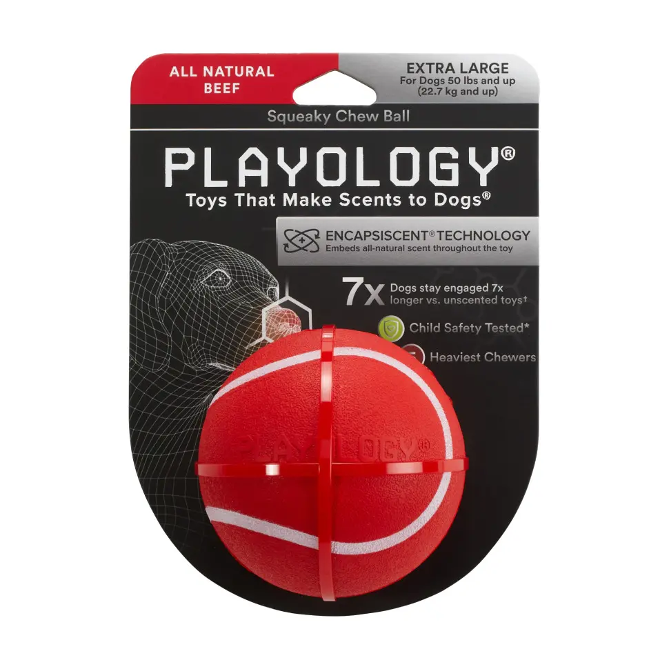 Playology squeaky chew ball жевательный мяч для собак средних и крупных пород с пищалкой и с ароматом говядины, 8 см, красный в интернет-зоомагазине Pets Room