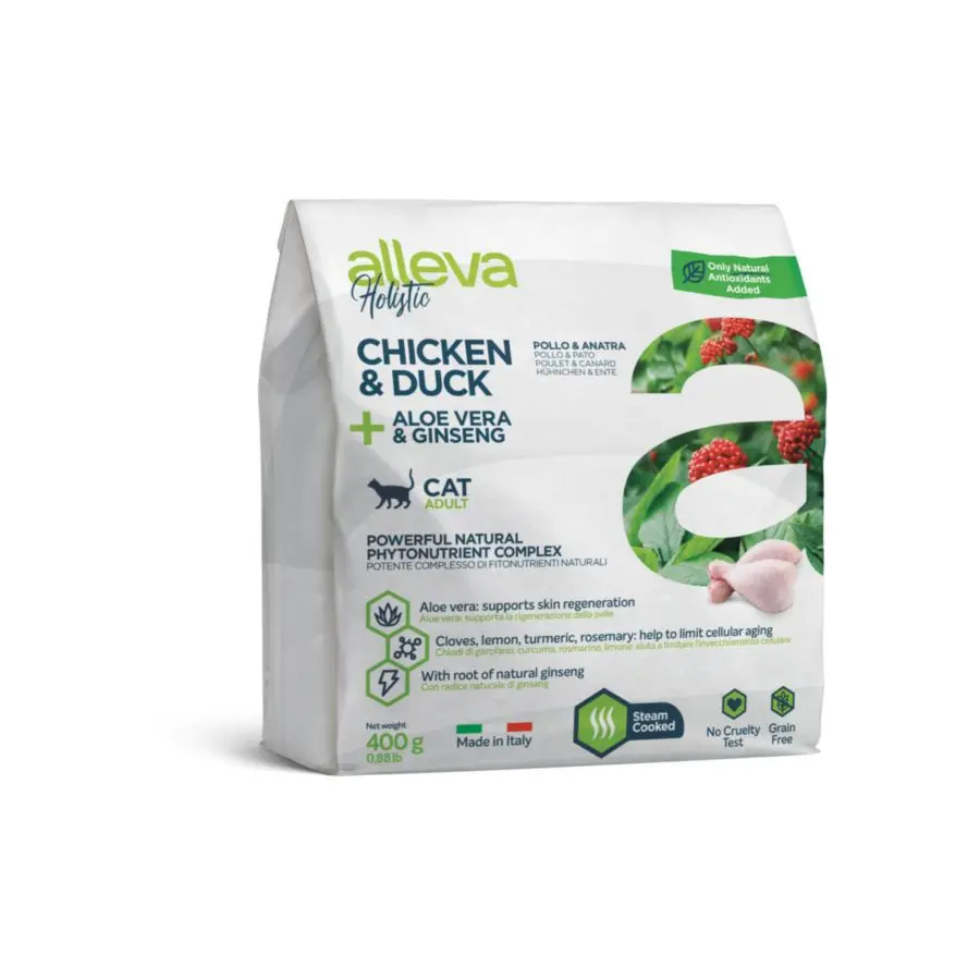 Alleva holistic cat adult chicken & duck сухой корм для взрослых кошек с курицей и уткой, алое вера и женьшенем - 400 г в интернет-зоомагазине Pets Room