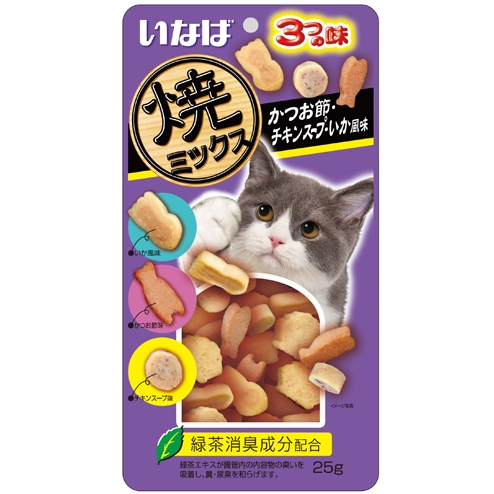 Qsc-122 inaba yaki miksu запеченное лакомство для кошек со вкусом кацуобуси, куриного бульона и кальмара 25г в интернет-зоомагазине Pets Room
