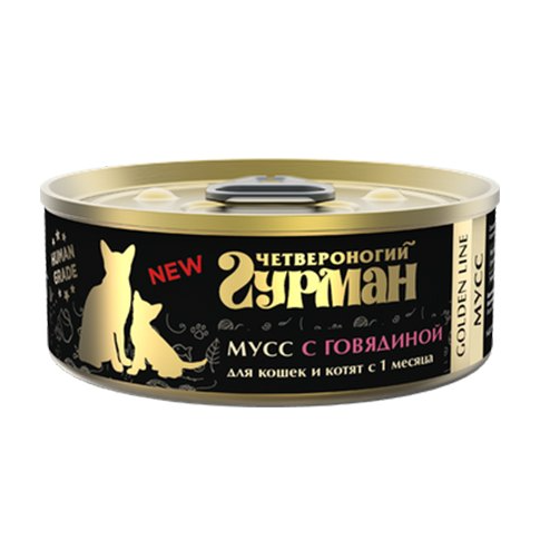 Четвероногий гурман консервы для кошек и котят golden line мусс с говядиной, 100г в интернет-зоомагазине Pets Room
