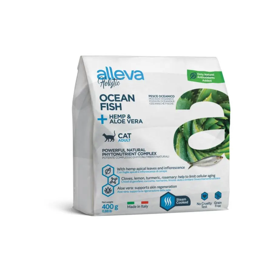 Alleva holistic cat adult ocean fish сухой корм для взрослых кошек с океанической рыбой, коноплей и алое вера - 400 г в интернет-зоомагазине Pets Room