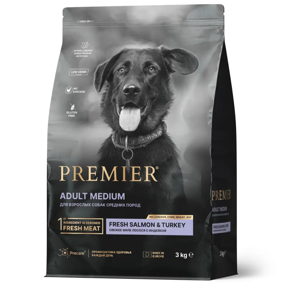 Premier dog salmon & turkey adult medium сухой корм для собак средних пород, свежее филе лосося с индейкой - 3 кг в интернет-зоомагазине Pets Room