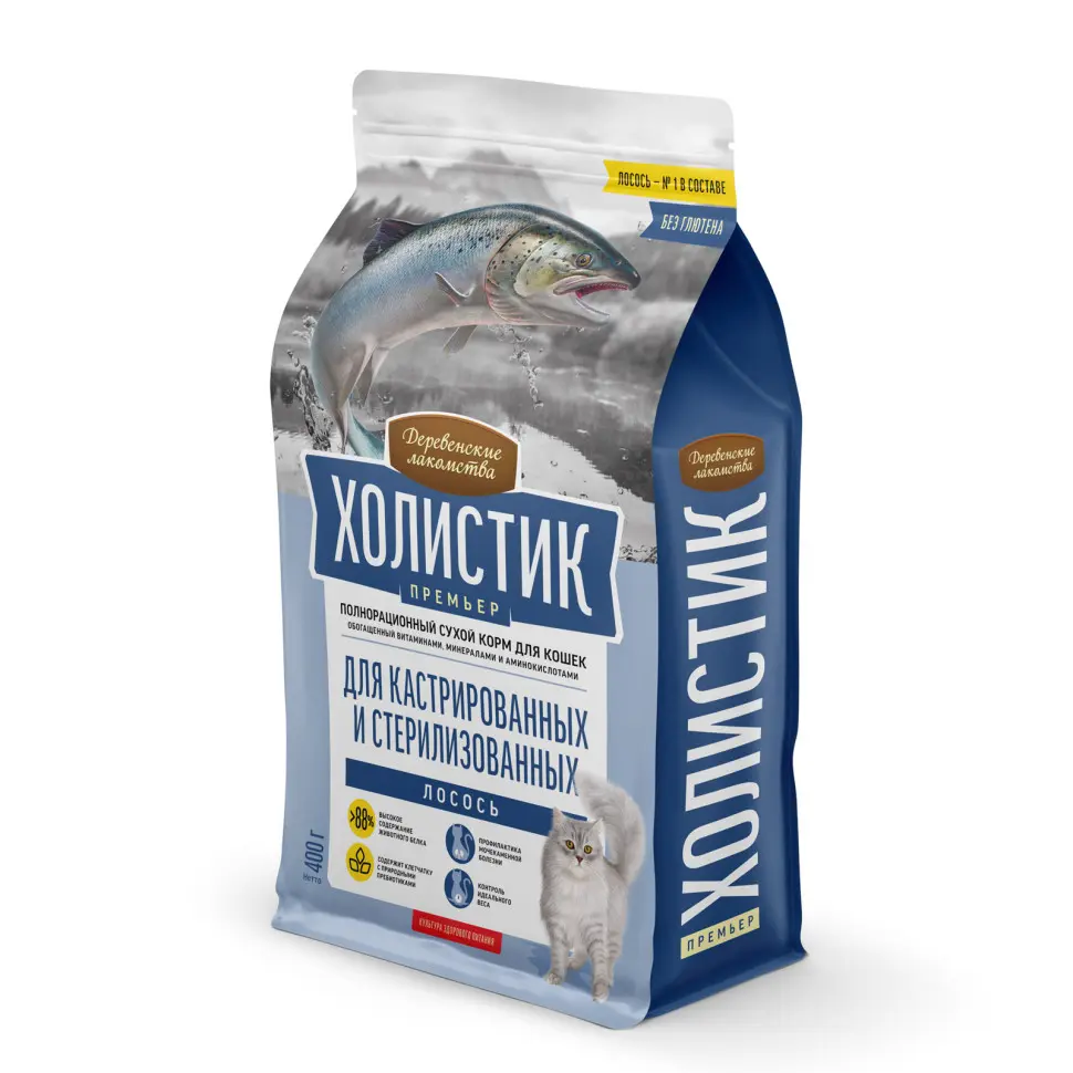 Деревенские лакомства холистик премьер сухой корм для стерилизованных кошек с лососем - 400 г в интернет-зоомагазине Pets Room
