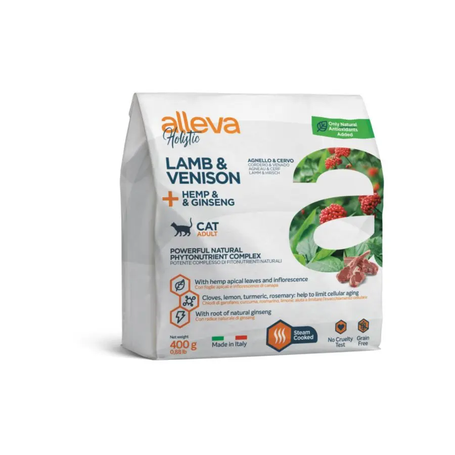 Alleva holistic cat adult lamb & venison сухой корм для взрослых кошек с ягненком и олениной, коноплей и женьшенем - 400 г в интернет-зоомагазине Pets Room