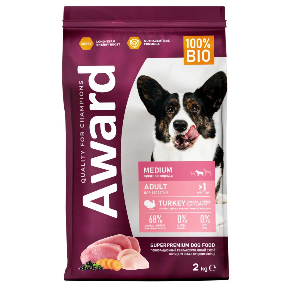 Award сухой корм для взрослых собак средних пород, с индейкой, курицей, морковью и черной смородиной - 2 кг в интернет-зоомагазине Pets Room