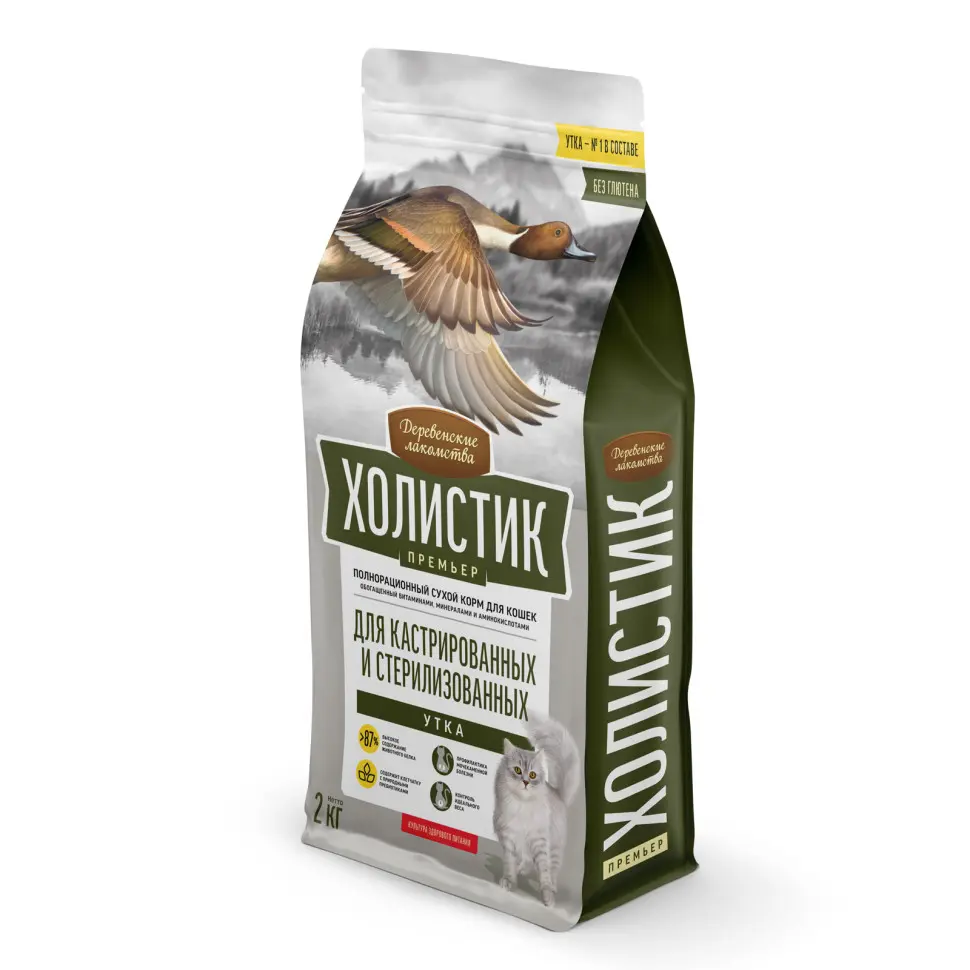 Деревенские лакомства холистик премьер сухой корм для стерилизованных кошек с уткой - 2 кг в интернет-зоомагазине Pets Room