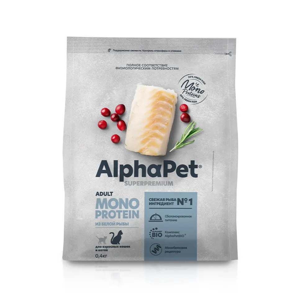 Alphapet superpremium monoprotein сухой корм для взрослых кошек с белой рыбой - 400 г в интернет-зоомагазине Pets Room