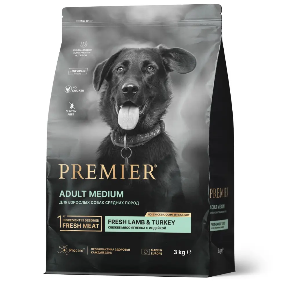 Premier dog lamb & turkey adult medium сухой корм для собак средних пород, свежее мясо ягненка с индейкой - 3 кг в интернет-зоомагазине Pets Room