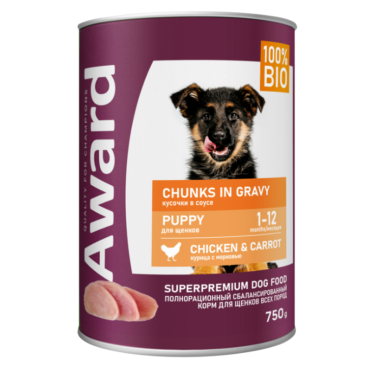 Влажный корм award для щенков кусочки с курицей и морковью 750г (34099) в интернет-зоомагазине Pets Room